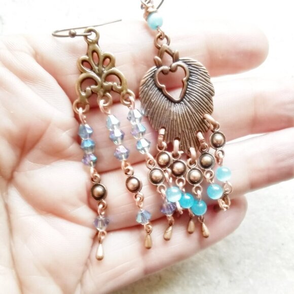 Handmade! Copper Leaf Shaped Chandeliers with Shimmering Aqua CatsEye Beads - Picture 8 of 8